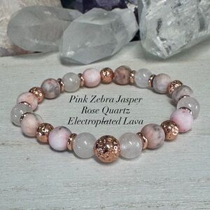 Pink Zebra Jasper, Rose Quartz & Electroplated Lava Gemstone Bracelet